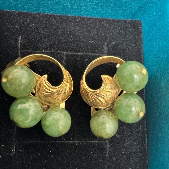 14K yellow gold and possibly jade clip on vintage earrings